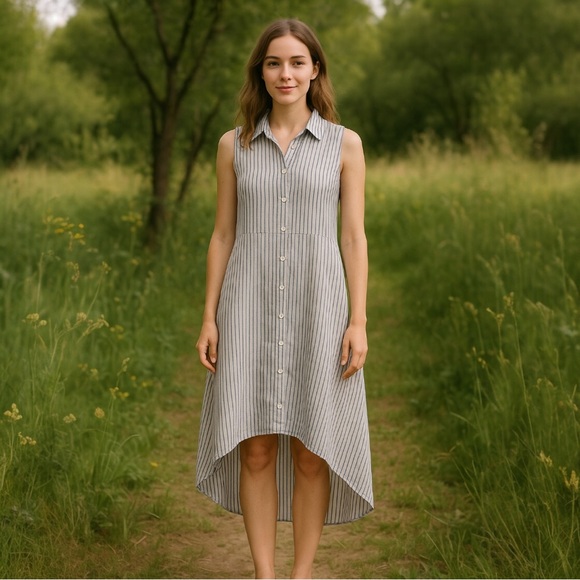 le Paris Petit Tops - Le Paris Petit Linen Sleeveless Tunic Dress Pinstripe Button Down High Low Hem M